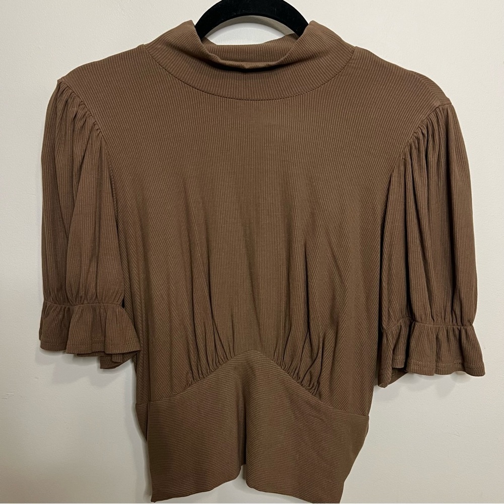 Listicle Brown Ruffled Sleeve Blouse Tie Bow Back Careerwear Office Mockneck